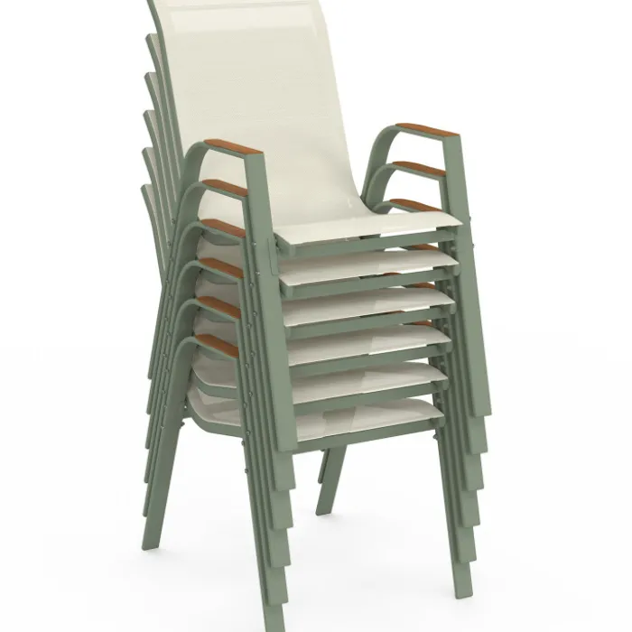 Lot de 6 chaises de jardin métal et textilène empilables vert et bois