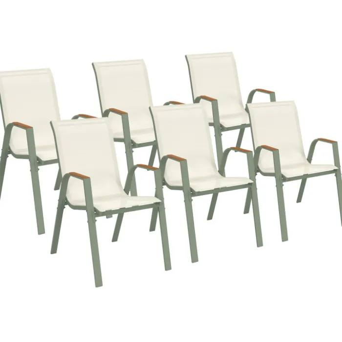 Lot de 6 chaises de jardin métal et textilène empilables vert et bois