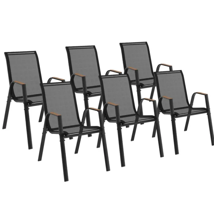 Lot de 6 chaises de jardin métal et textilène noir et bois