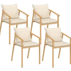 Lot de 4 chaises de jardin structure en métal effet bois, lanières et coussins beiges