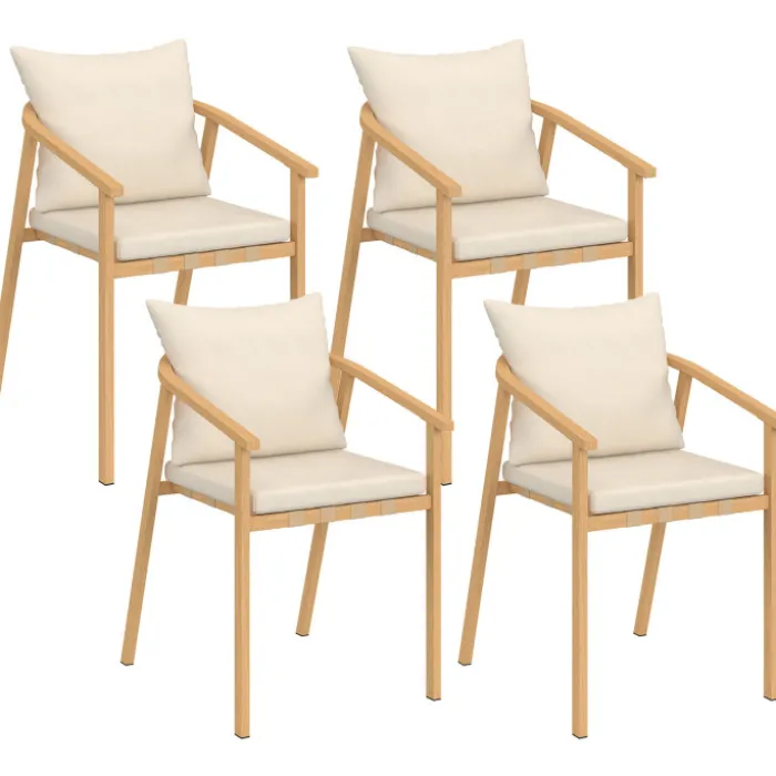 Lot de 4 chaises de jardin structure en métal effet bois, lanières et coussins beiges
