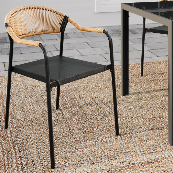 Lot de 6 chaises de jardin métal, cordage et textilène noir et rotin clair