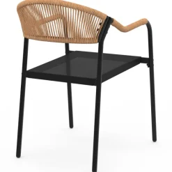 Lot de 6 chaises de jardin métal, cordage et textilène noir et rotin clair