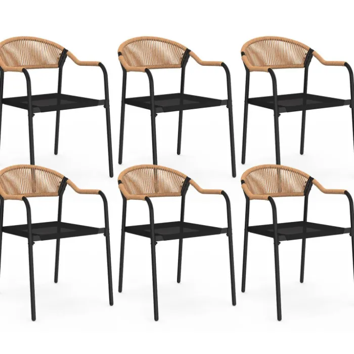 Lot de 6 chaises de jardin métal, cordage et textilène noir et rotin clair