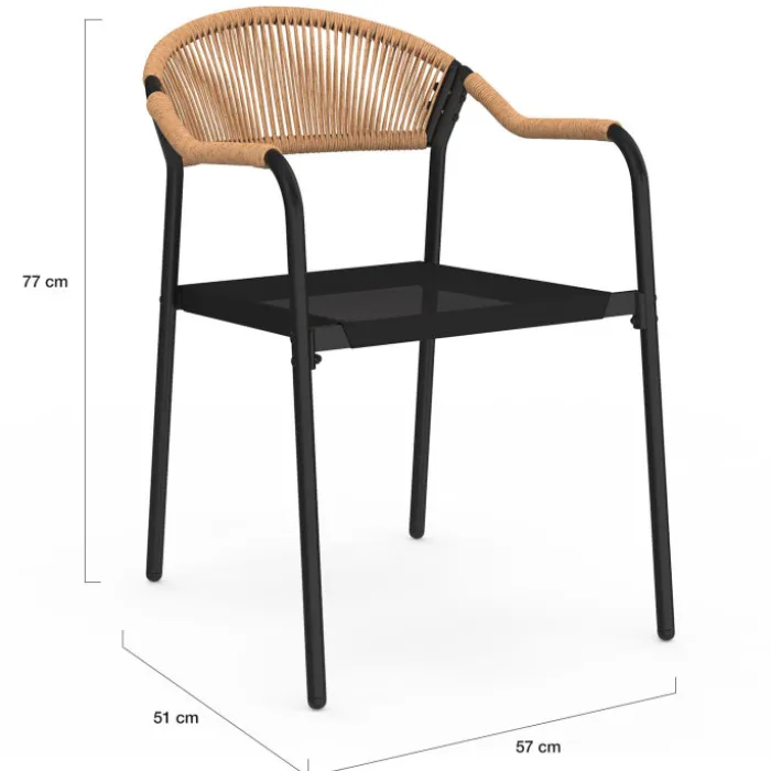 Lot de 6 chaises de jardin métal, cordage et textilène noir et rotin clair