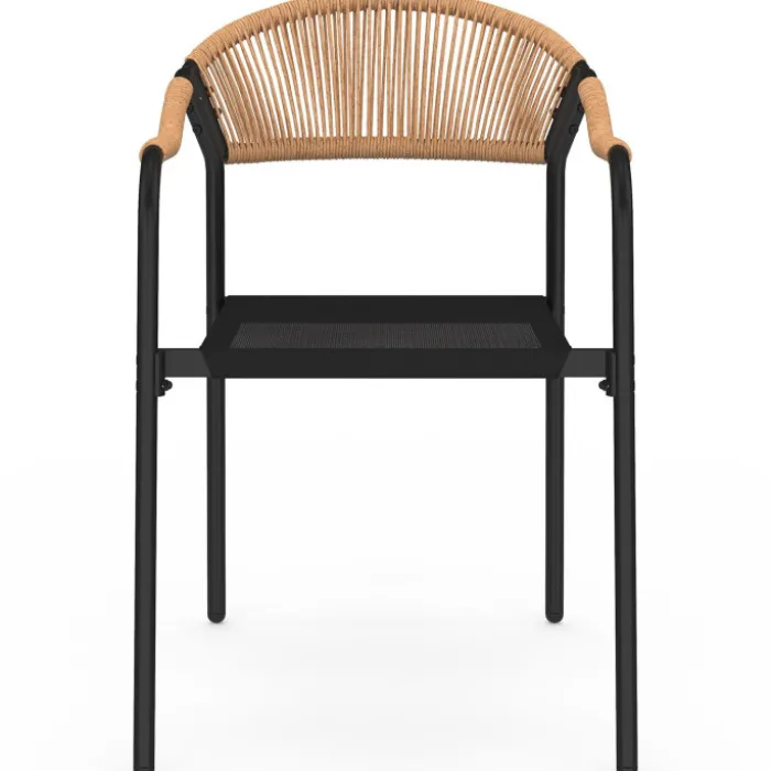 Lot de 6 chaises de jardin métal, cordage et textilène noir et rotin clair