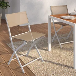 Lot de 6 chaises de jardin pliantes métal et textilène blanc et beige