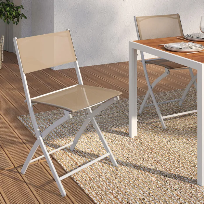Lot de 6 chaises de jardin pliantes métal et textilène blanc et beige