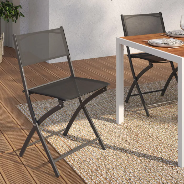 Lot de 4 chaises de jardin pliantes grises en acier et textilène