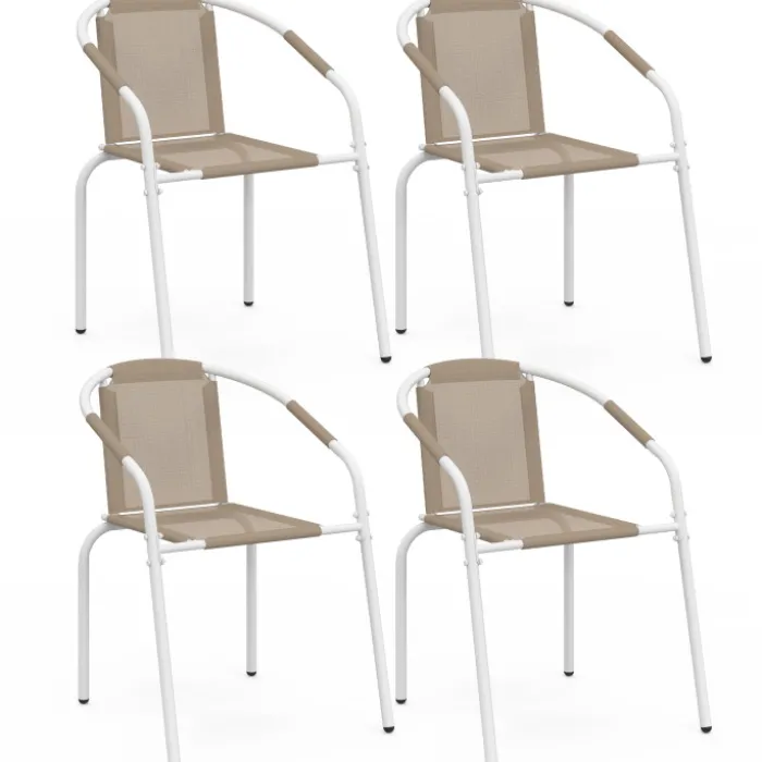 Lot de 4 chaises de jardin métal et textilène empilables blanc et beige