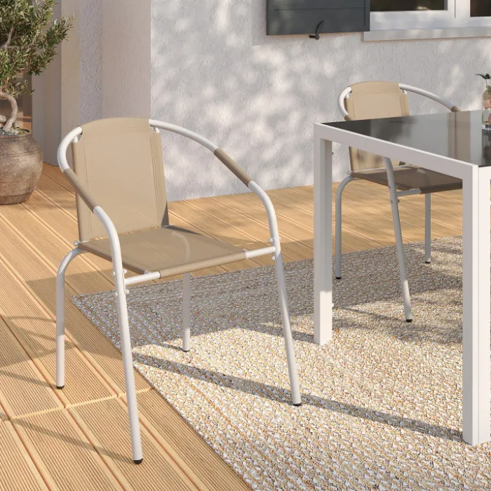 Lot de 4 chaises de jardin métal et textilène empilables blanc et beige