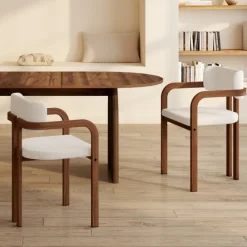 Lot de 2 chaises de salle à manger, fauteuils de table en métal effet noyer et tissu bouclette avec accoudoirs