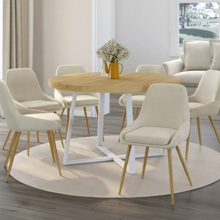 Lot de 6 chaises de salle à manger en velours beige et pieds effet bois avec accoudoirs