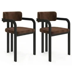 Lot de 2 chaises de salle à manger, fauteuils de table en métal noir et velours marron avec accoudoirs