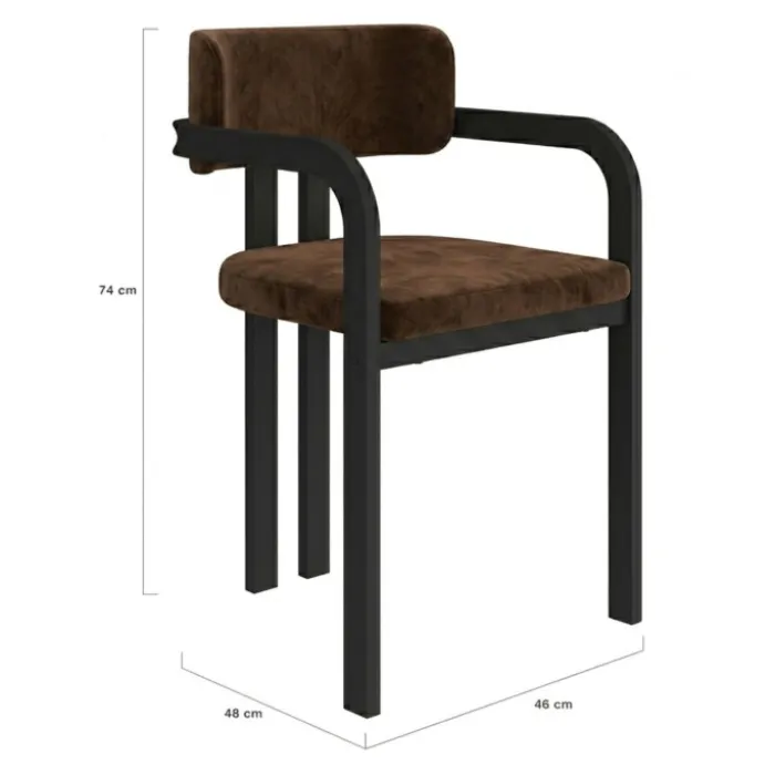 Lot de 2 chaises de salle à manger, fauteuils de table en métal noir et velours marron avec accoudoirs