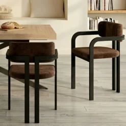 Lot de 2 chaises de salle à manger, fauteuils de table en métal noir et velours marron avec accoudoirs