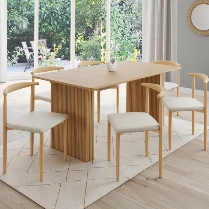 Lot de 6 chaises en imitation bois et assise en tissu beige pour salle à manger