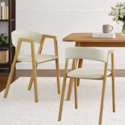 Lot de 4 chaises en métal effet bois et tissu beige avec accoudoirs