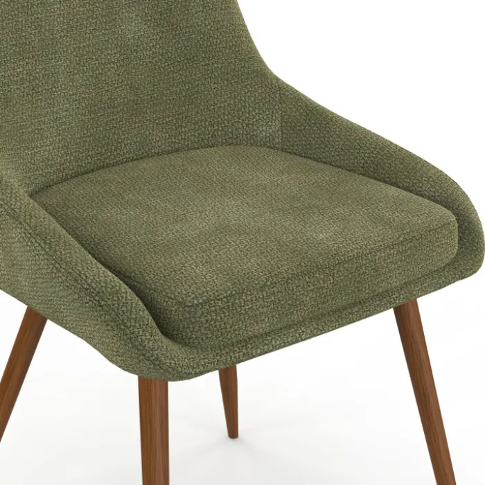 Lot de 4 chaises en tissu chenille vert et pieds effet noyer avec accoudoirs