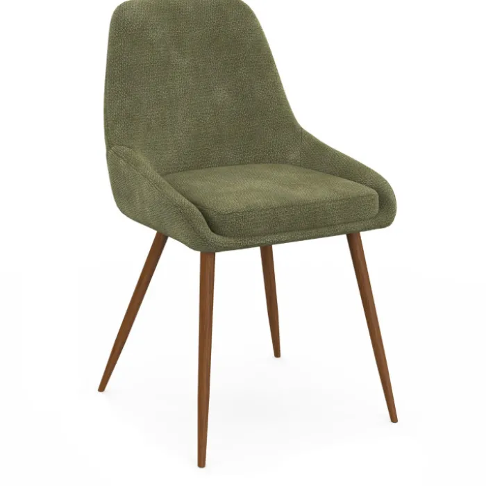 Lot de 4 chaises en tissu chenille vert et pieds effet noyer avec accoudoirs
