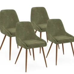 Lot de 4 chaises en tissu chenille vert et pieds effet noyer avec accoudoirs
