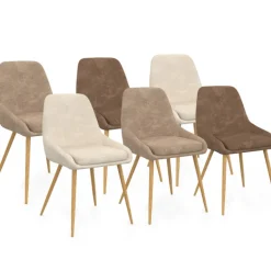 Lot de 6 chaises en tissu chenille mix color taupe x2, beige x2, marron x2 et pieds effet bois avec accoudoirs