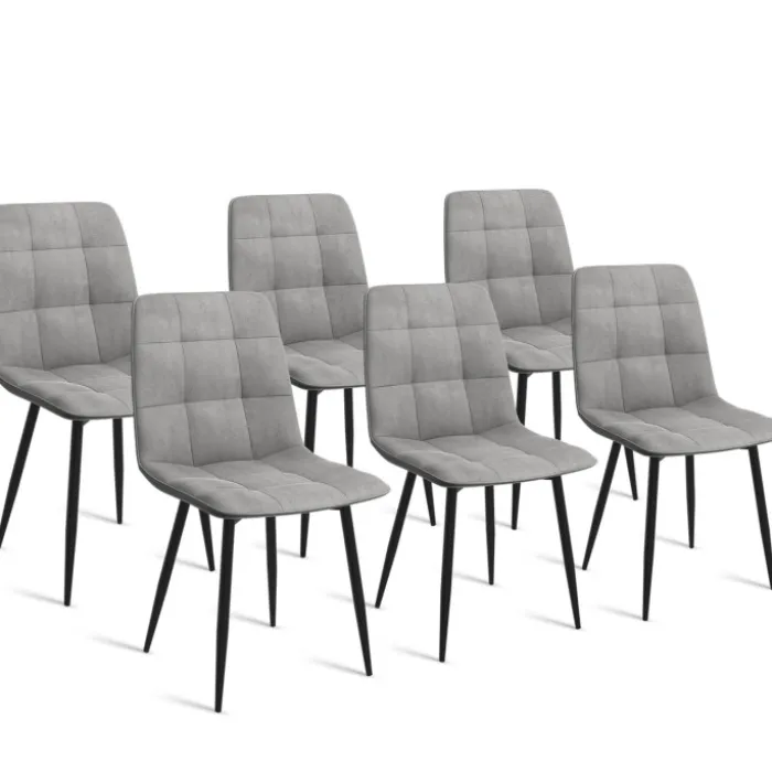 Lot de 6 chaises en velours gris clair matelassé
