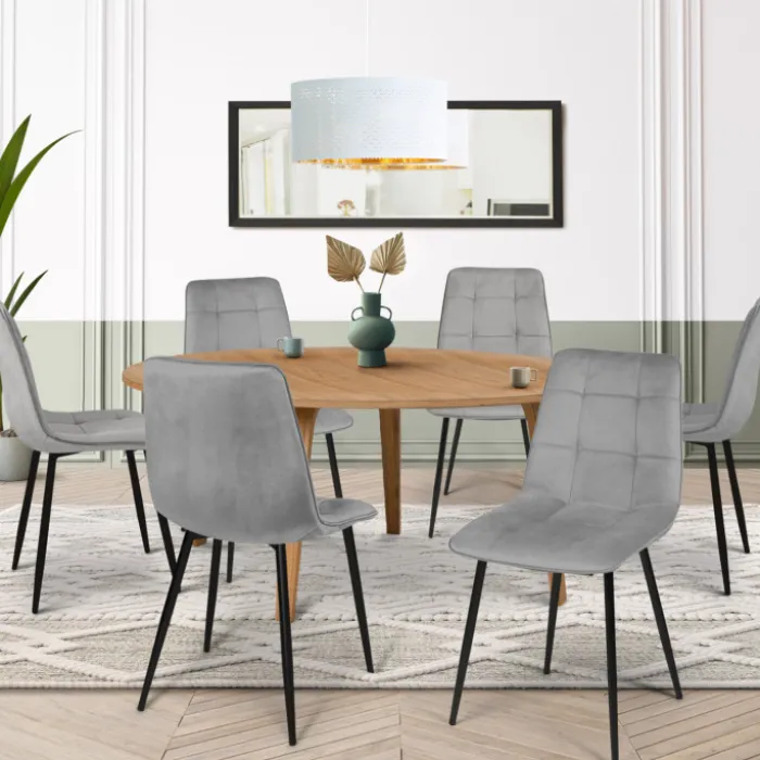 Lot de 6 chaises en velours gris clair matelassé