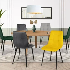 Lot de 6 chaises en velours mix vert, jaune et gris matelassées
