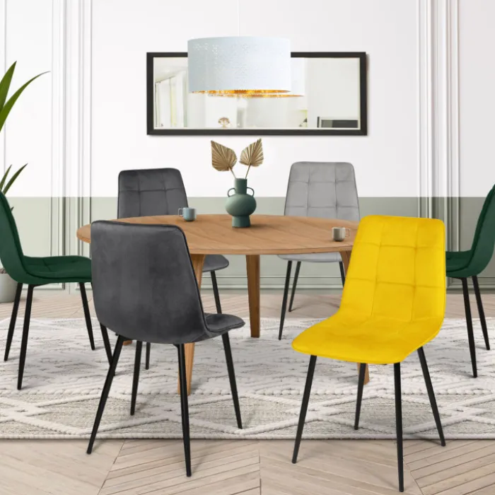 Lot de 6 chaises en velours mix vert, jaune et gris matelassées