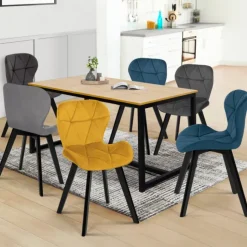 Lot de 6 chaises en velours avec assises matelassées bleu, gris et jaune