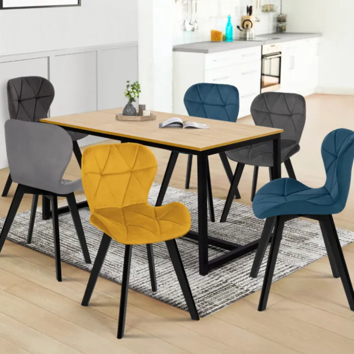 Lot de 6 chaises en velours avec assises matelassées bleu, gris et jaune