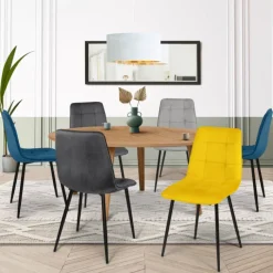 Lot de 6 chaises en velours bleu x2, jaune, gris clair et gris foncé x2 matelassé