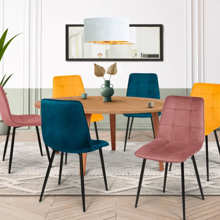 Lot de 6 chaises en velours mix color bleu x2, jaune ocre x2, rose x2