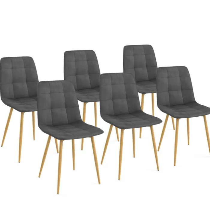 Lot de 6 chaises en velours gris foncé pied effet bois pour salle à manger