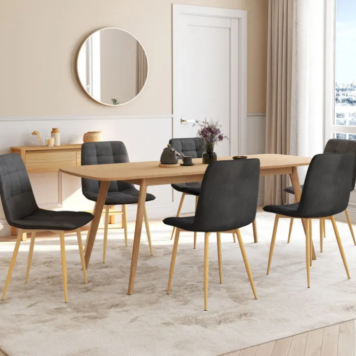 Lot de 6 chaises en velours gris foncé pied effet bois pour salle à manger