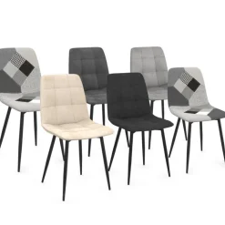 Lot de 6 chaises en velours gris foncé, gris clair, beige, noir et patchworks x2 pour salle à manger