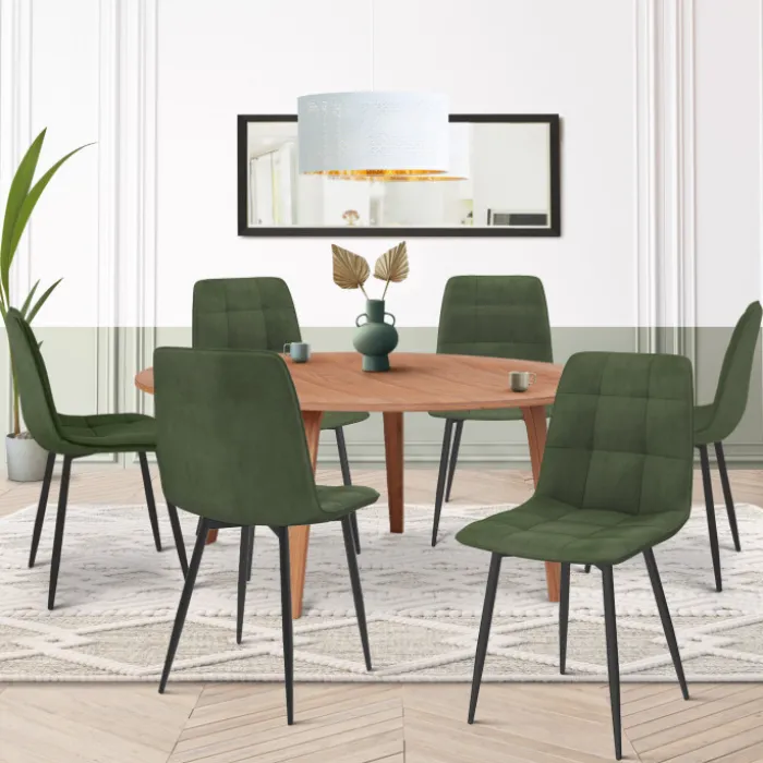 Lot de 6 chaises en velours vert kaki pour salle à manger