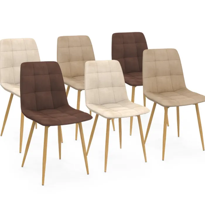 Lot de 6 chaises en velours mix color taupe x2, beige x2, marron x2 et pieds effet bois pour salle à manger