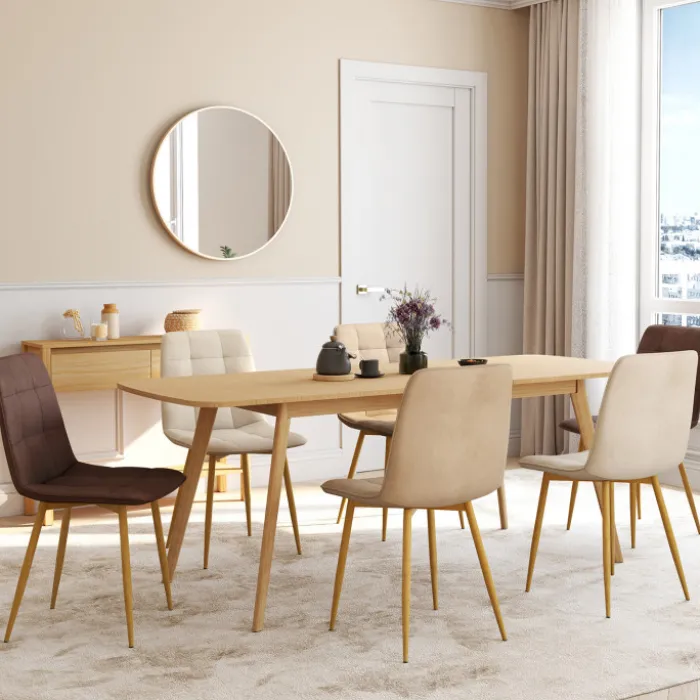 Lot de 6 chaises en velours mix color taupe x2, beige x2, marron x2 et pieds effet bois pour salle à manger