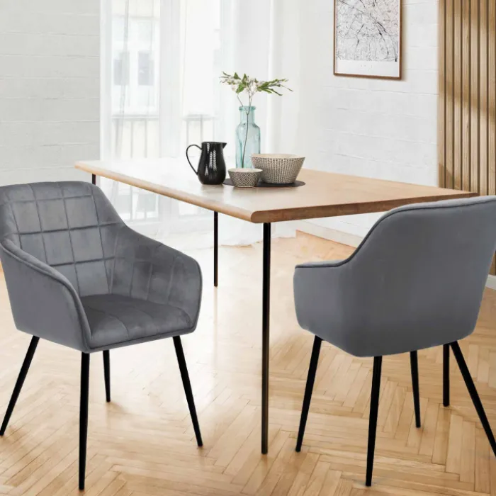 Lot de 2 chaises en velours gris avec accoudoirs