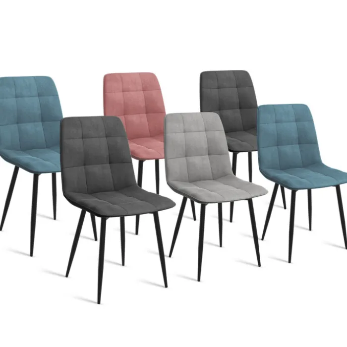 Lot de 6 chaises en velours couleur pastel bleu, rose et gris matelassées