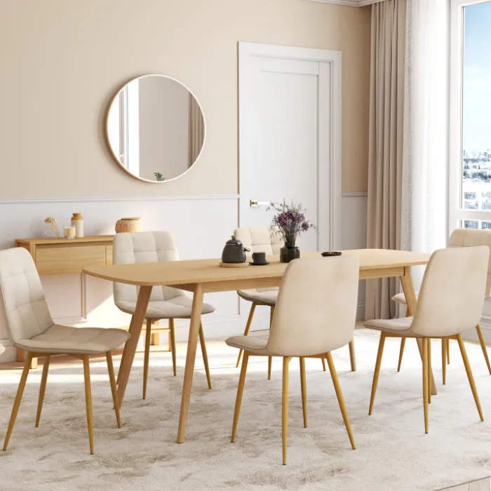 Lot de 6 chaises en velours beige et pieds effet bois pour salle à manger