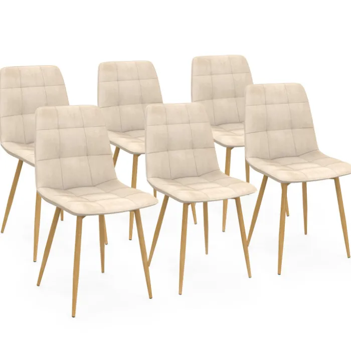 Lot de 6 chaises en velours beige et pieds effet bois pour salle à manger