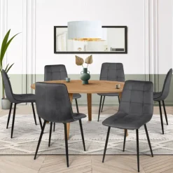 Lot de 6 chaises en velours gris foncé matelassé