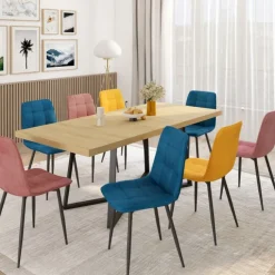 Lot de 8 chaises en velours mix color bleu x3, rose x3, jaune ocre x2