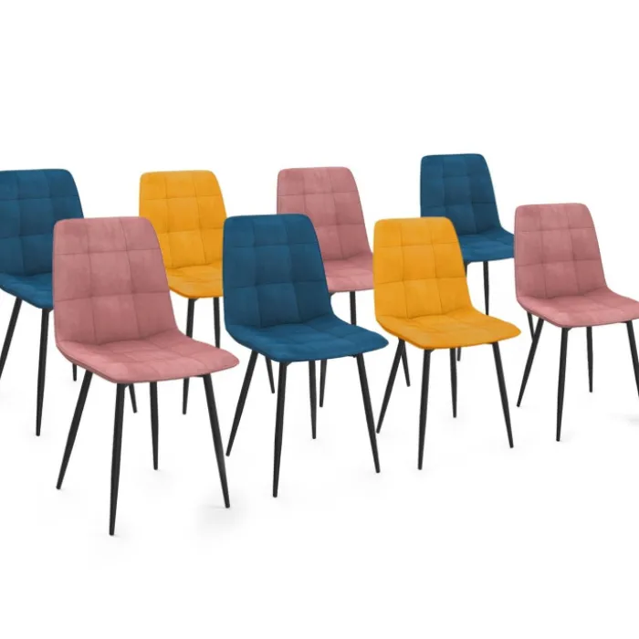 Lot de 8 chaises en velours mix color bleu x3, rose x3, jaune ocre x2