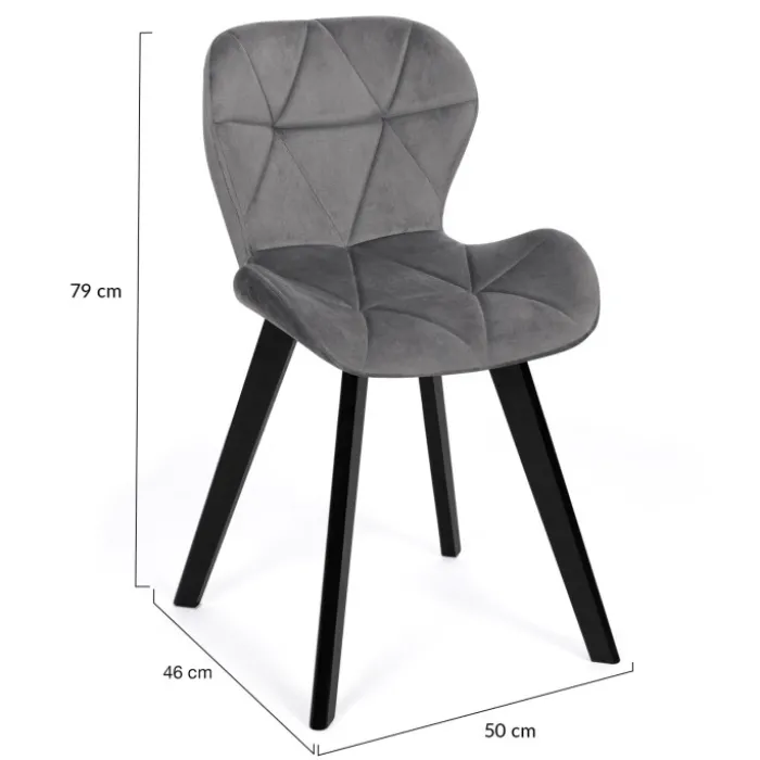 Lot de 4 chaises en velours gris clair avec pieds noirs assise matelassée