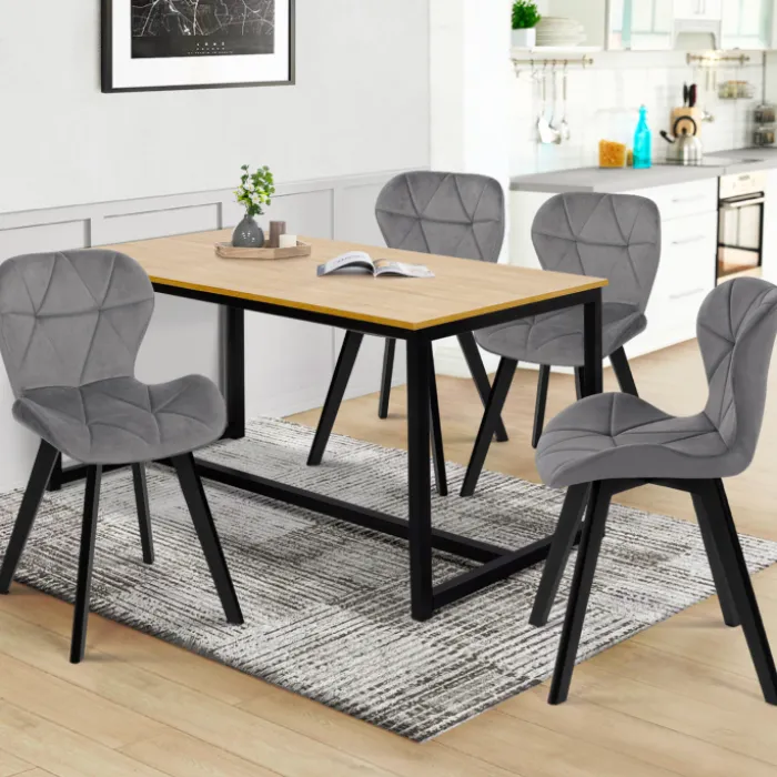 Lot de 4 chaises en velours gris clair avec pieds noirs assise matelassée