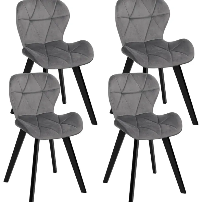 Lot de 4 chaises en velours gris clair avec pieds noirs assise matelassée